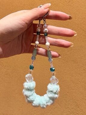 Mint Fluffy Loop Phone Wrist Strap | Crystal Beads | Y2K Coquette Aesthetic